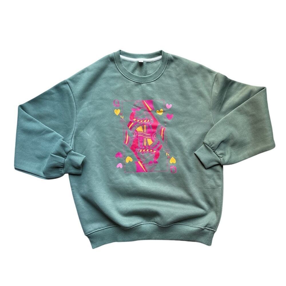 Green Graphic Sweatshirt Playing Card Hearts Oversized Fit